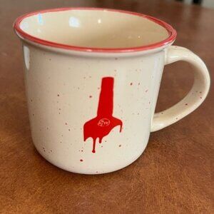 Vintage-Style Cream Speckled Ceramic Mug With Red Drip Paint Design
